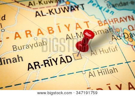 Prague, Czech Republic - January 12, 2019: Red Thumbtack In A Map. Pushpin Pointing At Riyadh City I