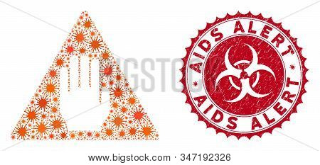 Coronavirus Mosaic Alert Icon And Rounded Grunge Stamp Seal With Aids Alert Text. Mosaic Vector Is C