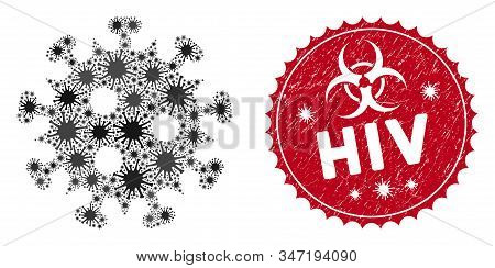 Coronavirus Mosaic Hiv Virus Icon And Round Distressed Stamp Seal With Hiv Caption. Mosaic Vector Is