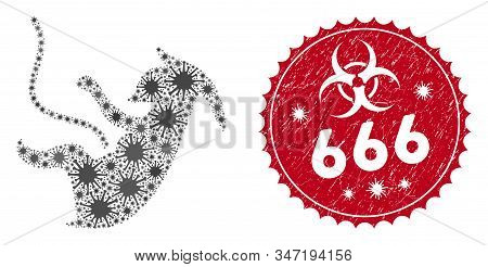 Coronavirus Mosaic Alien Embryo Icon And Rounded Rubber Stamp Watermark With 666 Phrase. Mosaic Vect