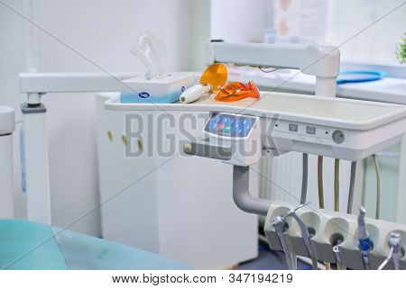 Kyiv Ua, 31-07-2019. Dental Office Interior, Close-up Of Dental Equipment, Tools And Materials.