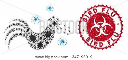 Coronavirus Mosaic Bird Flu Icon And Rounded Grunge Stamp Watermark With Bird Flu Phrase. Mosaic Vec