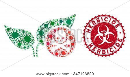 Coronavirus Mosaic Herbicide Icon And Round Distressed Stamp Seal With Herbicide Caption. Mosaic Vec