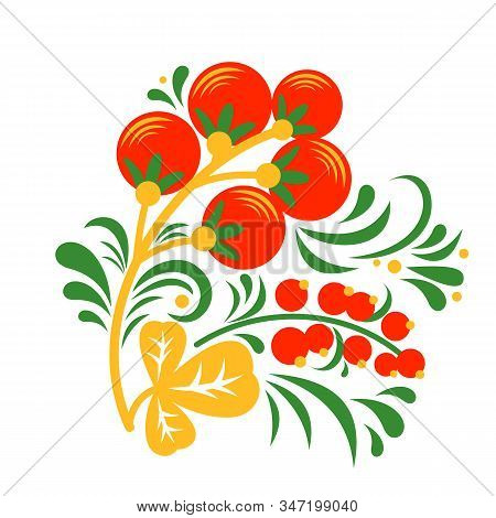 Hohloma Vector Decor Element With Berries And Leaves Isolated On White Background.