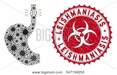 Coronavirus Mosaic Esophageal Cancer Icon And Rounded Rubber Stamp Seal With Leishmaniasis Caption. 
