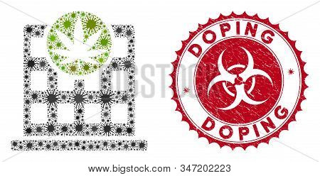 Coronavirus Mosaic Cannabis Building Icon And Round Rubber Stamp Seal With Doping Phrase. Mosaic Vec