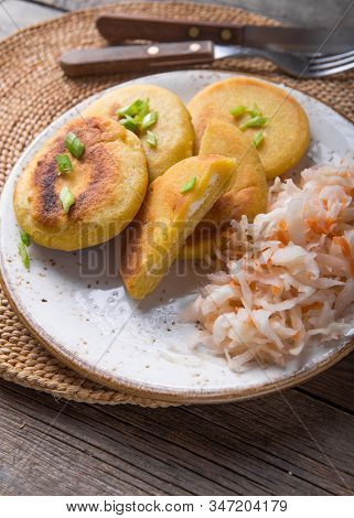 Salvadoran Food. Salvadoran Pupusa Served With Curtido  On Board. View From Above