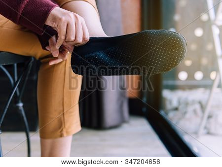 Woman Using Support Shoe Silicone For Treatment Plantar Fasciitis With Foot,feet Bruising