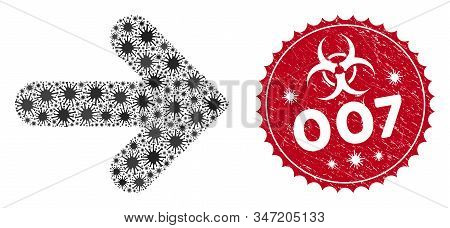 Coronavirus Mosaic Arrow Direction Icon And Round Grunge Stamp Seal With 007 Phrase. Mosaic Vector I