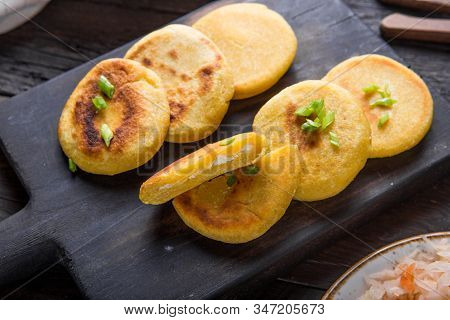 Salvadoran Pupusa Served With Curtido  On Board. View From Above