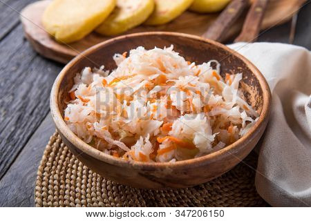 Curtido - Lightly Fermented Cabbage Relish With Pupusa. Typical In Salvadoran Cuisine And Central Am