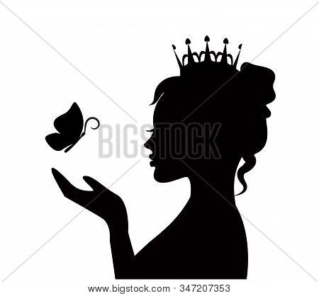 Silhouette Of A Cute Beautiful Princess With A Butterfly On The Palm