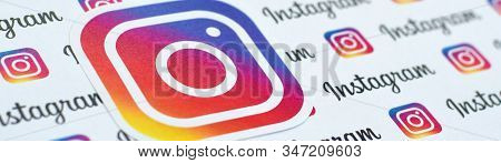 Instagram Pattern Printed On Paper With Small Instagram Logos And Inscriptions. Instagram Is America