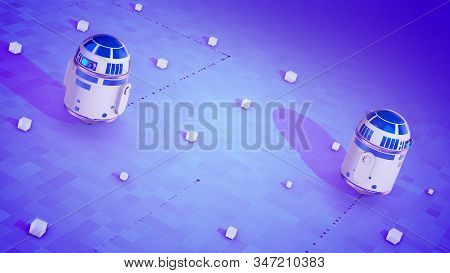 Sci-fi Droid Movement On The Violet Surface