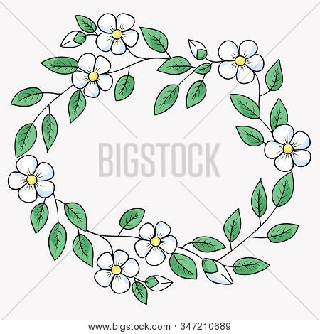 Spring White Flowers Oval Frame With Blank Space For Text. Hand-drawn Doodle Elements For Banner, Po