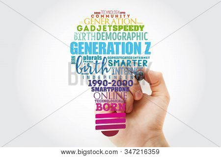 Generation Z Light Bulb Word Cloud Collage, Concept Background