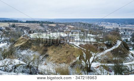 Aerial View Of Medieval Castle Mound In Belarusian City Of Mstislavl. Travel Concept.