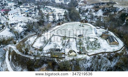 Aerial View Of Medieval Castle Mound In Belarusian City Of Mstislavl. Travel Concept.