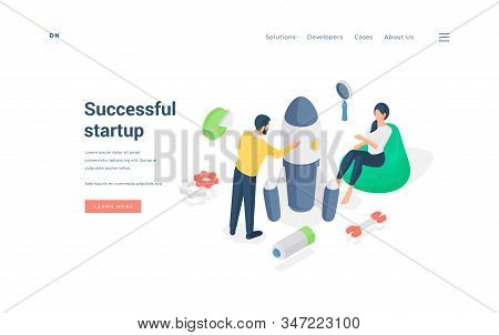 People Launching Successful Startup Project. Isometric Vector Illustration