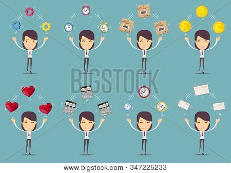 Portrait Of A Beautiful Expressive Young Brunette With Objects. Stock Flat Vector Illustration.