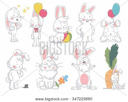 Set Of Funny Cute Collor Bunny In In Different Pose Isolated On White Background. Rebbit Standing, S