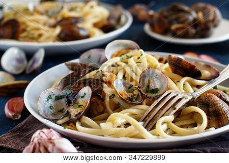 Linguini With Clams Top View - Traditional Italian Seafood Pasta