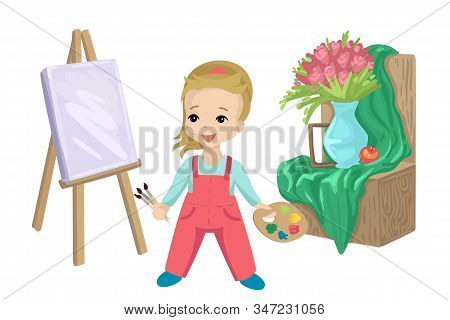 Preschooler Girl Paints A Picture On Canvas, Still Life With Flowers. Vector Illustration