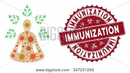 Coronavirus Mosaic Ioga Wellness Icon And Rounded Corroded Stamp Seal With Immunization Text. Mosaic
