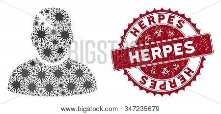Coronavirus Mosaic Patient Icon And Rounded Grunge Stamp Seal With Herpes Caption. Mosaic Vector Is 