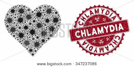 Coronavirus Collage Heart Icon And Round Grunge Stamp Seal With Chlamydia Text. Mosaic Vector Is Cre