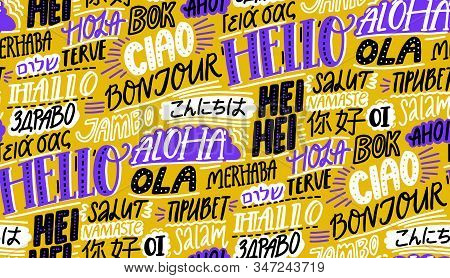 Languages Pattern. Word Hello In English, Spanish Hola, French Bonjur. International Background With