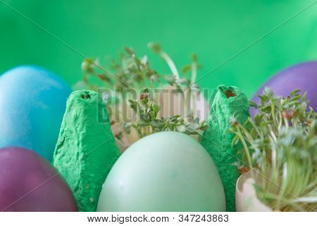 Decorative Handmade Easter Egg Present Box With Eggs And Cress. Beautiful Decoration Easternest Bask