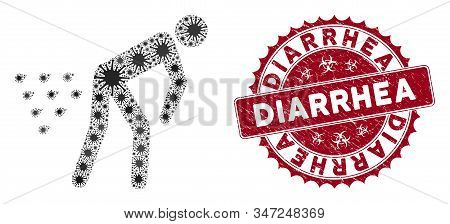 Coronavirus Mosaic Man Diarrhea Icon And Rounded Rubber Stamp Seal With Diarrhea Phrase. Mosaic Vect