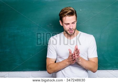 Happy Teachers Day. Man Teacher In Front Of Chalkboard. Teaching Could Be More Fun. Master Of Simpli