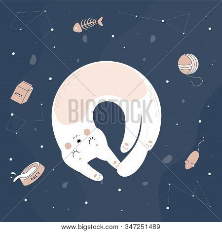 Dreaming Cat In Space. The Cat Is Beyond Consciousness. Vector Illustration.