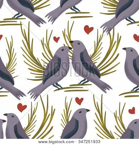 Vector Textured Bowerbird Seamless Pattern In A Flat Style. Romantic Bird Animal Couple Hand Drawn I