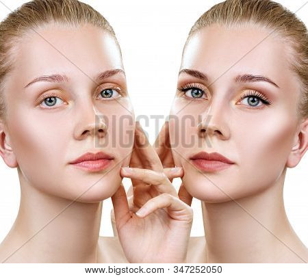 Comparison Portrait Of Young Woman With And Without Makeup. Isolated On White.
