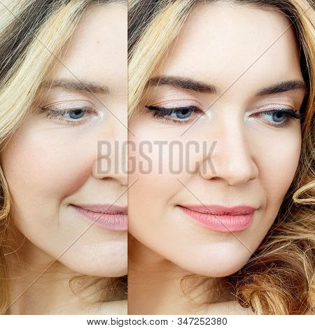 Comparison Portrait Of Adult Woman With And Without Makeup. Isolated On White.
