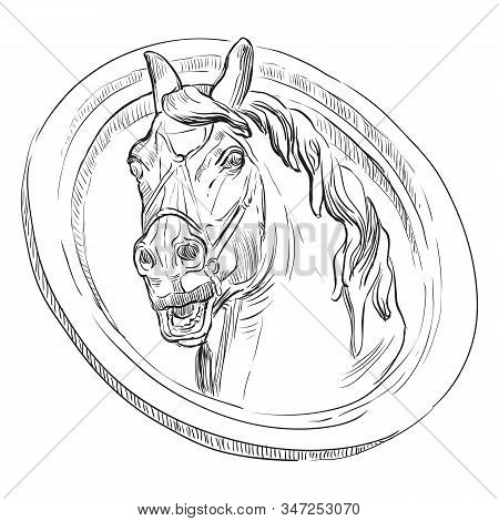 Ancient Vintage Bas-relief In The Form Of A Head Of Horse, Vector Hand Drawing Illustration In Black
