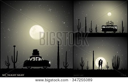 Set Of Vector Illustration With Silhouettes Of People And Retro Cars On Moonlit Night. Camper Betwee