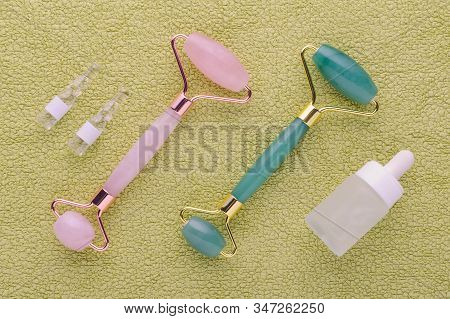 Jade And Rose Quartz Facial Roller With Face Serum In Ampoules And Bottle, Above