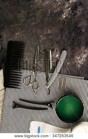 Laying Tools For Barber, Scissors, Dangerous Razor, Blade, Dew And Green Hair Gel On A Beautiful Str