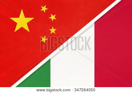 China Or Prc Vs Italy National Flag From Textile. Relationship Between Asian And European Countries.