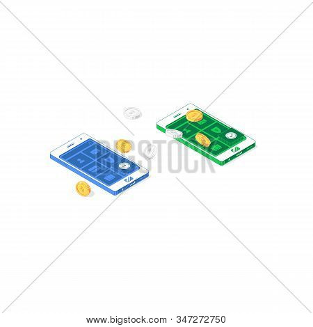 Isometric Cash Flow Smartphone Application. Vector Illustration Of Golden And Silver Coins With Phon