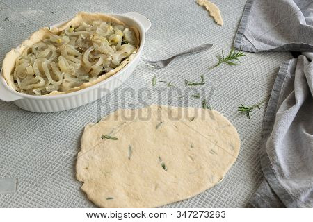 Cooking Italian Schiacciata With Vegetables And Onion, Homemade Bakery Themes, Culinary And Food Con