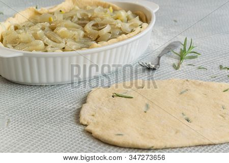 Cooking Italian Schiacciata With Vegetables And Onion, Homemade Bakery Themes, Culinary And Food Con