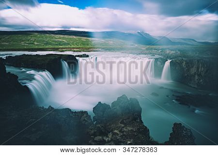 Godafoss Waterfall In Iceland, Summer Natural Travel Background