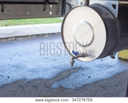 Washbasin Mounted On A Truck Trailer, Concept Of Cleanliness And Hygiene On The Road, Copy Space