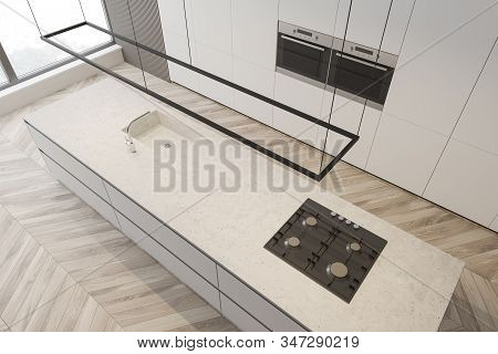 Top View Of Modern Kitchen With Gray And White Walls, Wooden Floor, White Countertops With Built In 