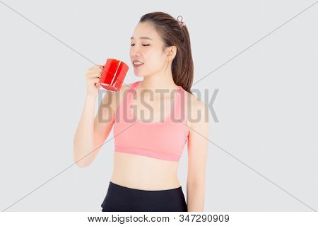 Beautiful Young Asian Woman In Sport After Workout Drinking Water From Glass For Thirsty Isolated On